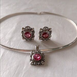 Vintage 90’s Y2K Antique Silver & Kaleidoscope Pink Earrings Pendant Jewelry Set